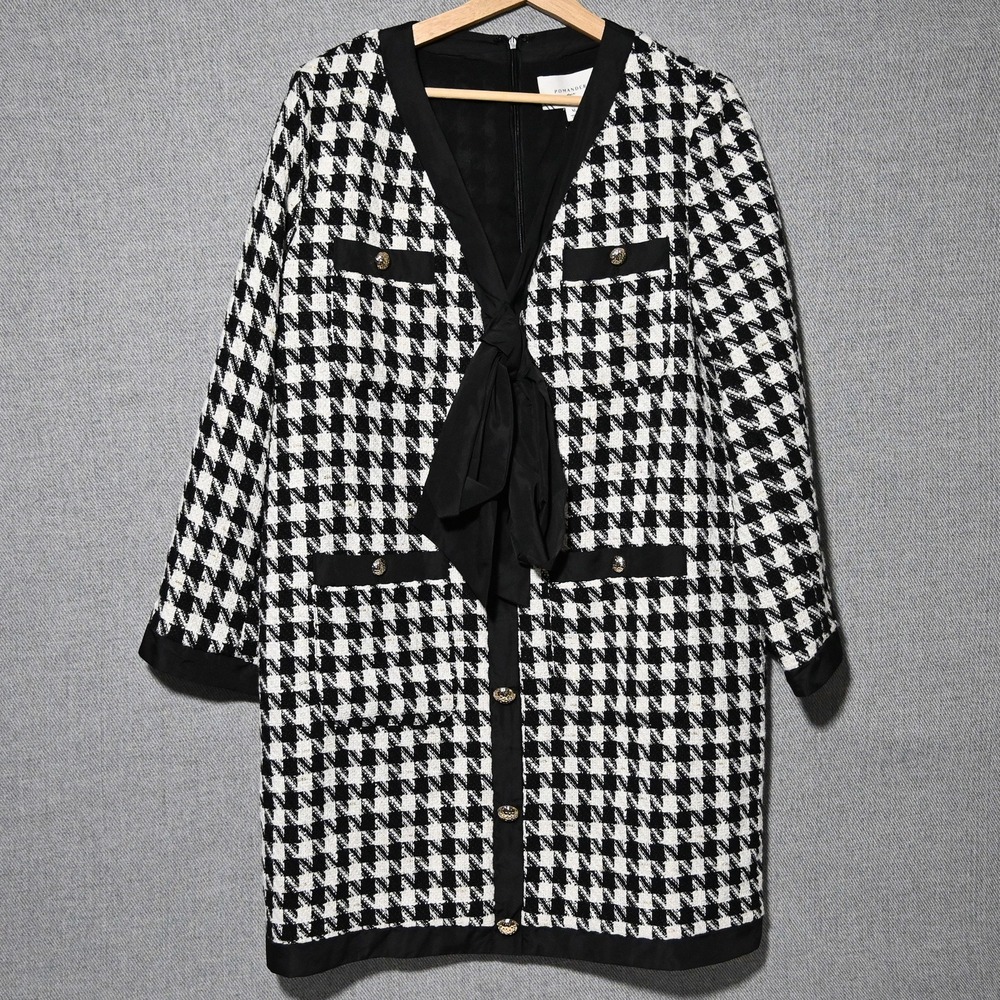 Pomander Place Houndstooth Bow Neck Dress Womens XL Black White Gold